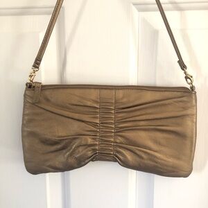 Vintage Apostrophe Women Bronze Leather Gathered Front / Back Shoulder Handbag